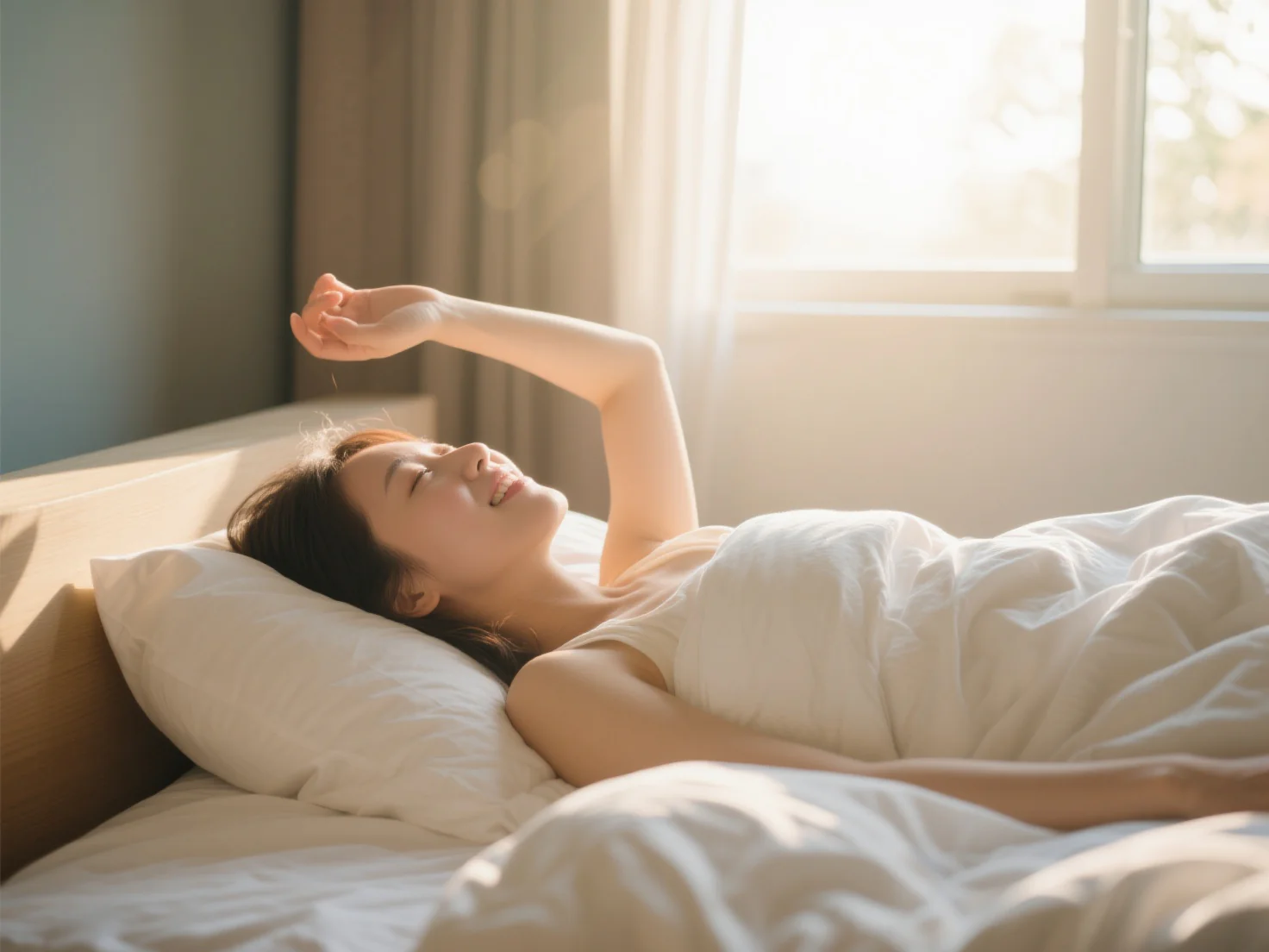 jimeng 2025 09 08 4730 女性在床上甦醒 精神很好 陽光從窗外透進來
